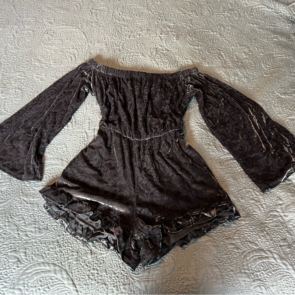 Grey velvet off shoulder romper